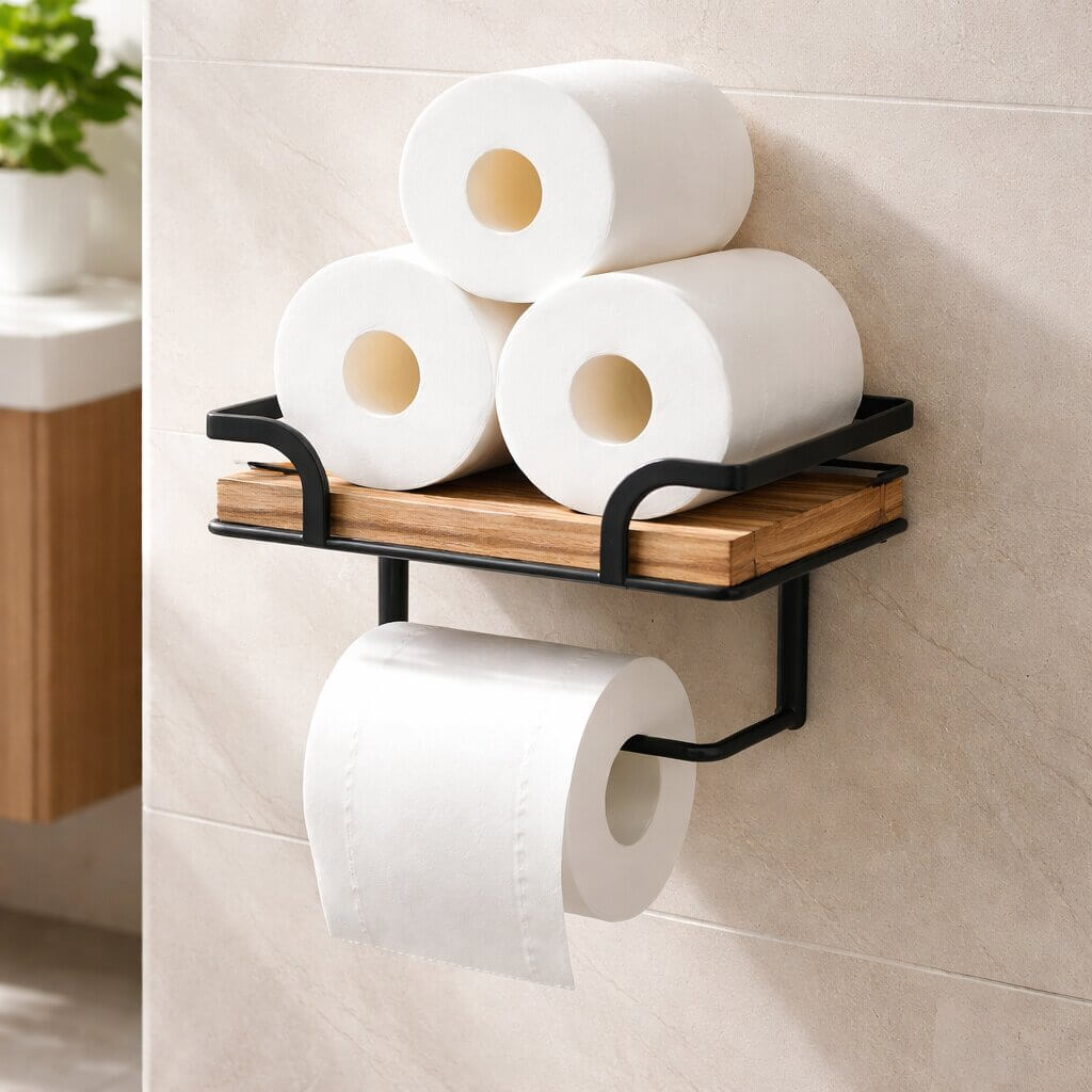 Væghylde med toiletpapirholder til badeværelse | Badevæghylde i metal og træ | Nordvero