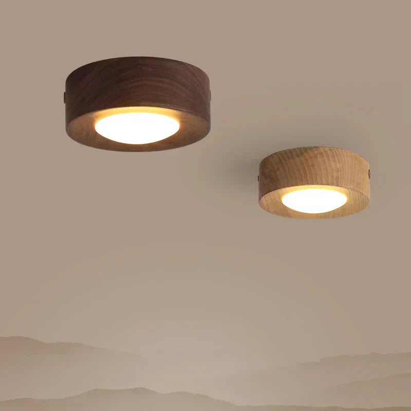 Træ LED Loftlampe med Valnøddefinish og Minimalistisk Rundt Design